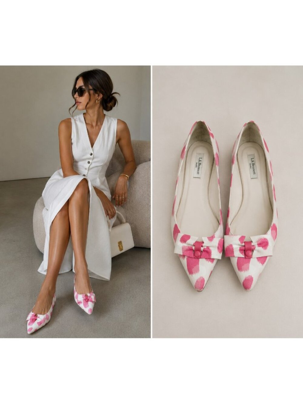 L.K. Bennett London Ballet Flats EU 41US 10.5 Pink White Leather Bow Pointed Toe